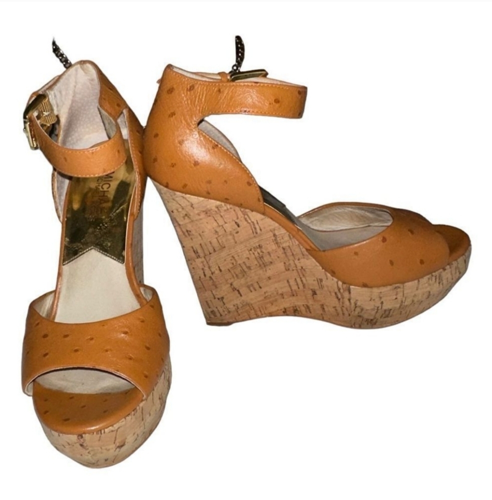 EUC! Michael MK Platform Cork Ostrich Like Sandals
